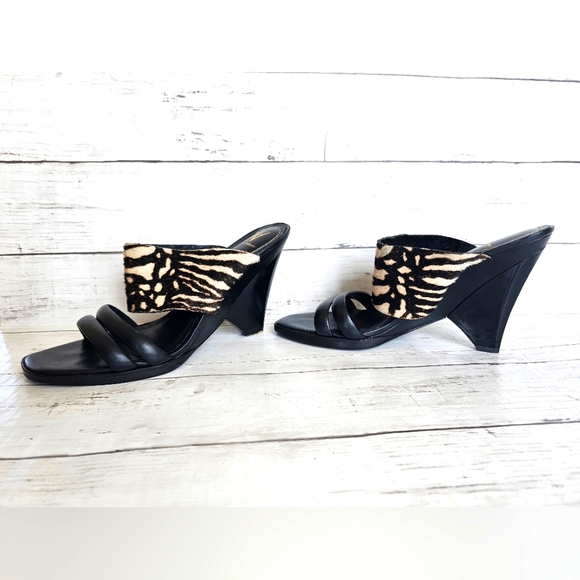 Vintage J Vincent Zebra Fur Black Leather Slip on Strappy Heels Sandals Size 9M - Picture 11 of 13